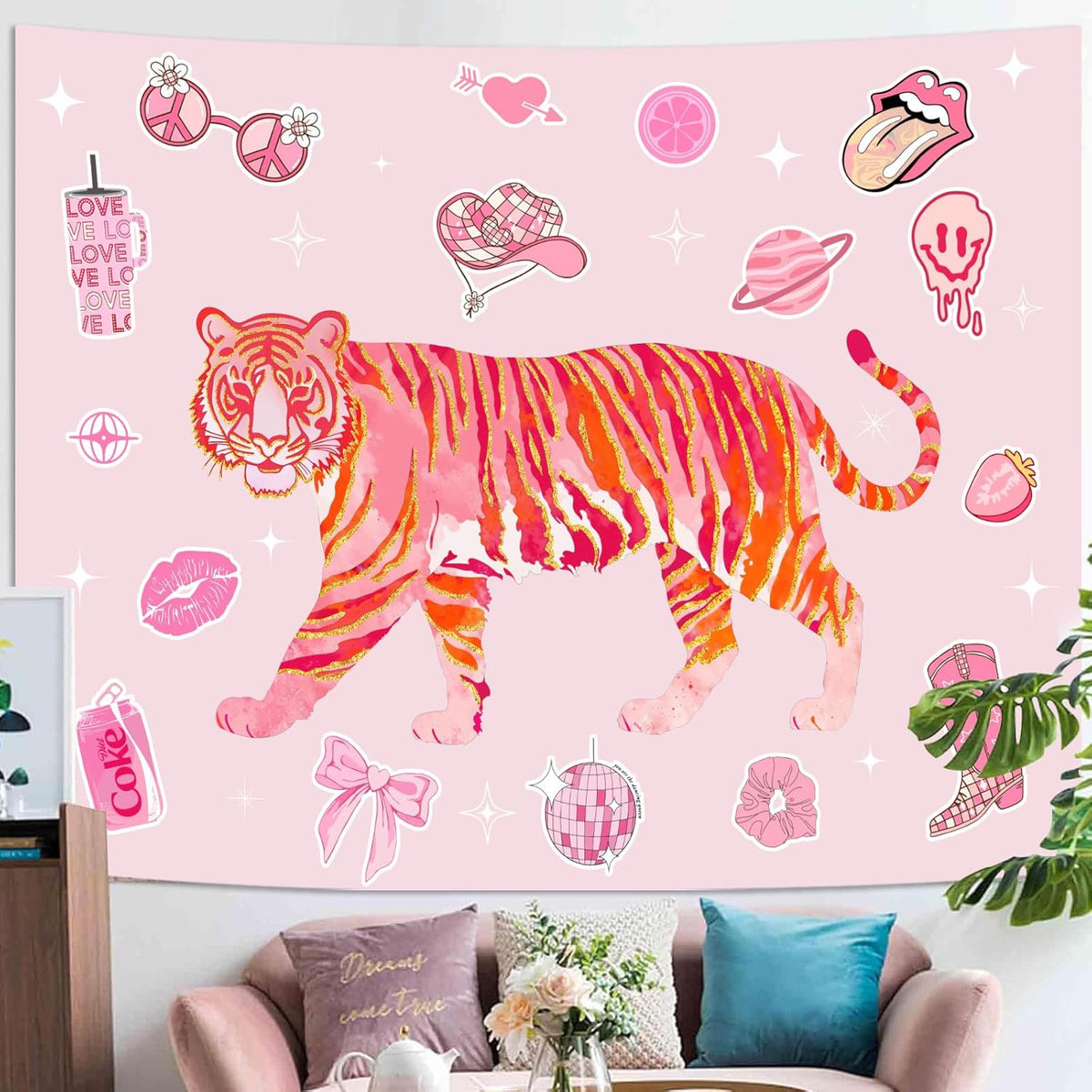 Lunerfex Y2K Tapestry Pink Tiger Wall Tapestry, Cute Tapestries for Bedroom Funny Tapestries Wall