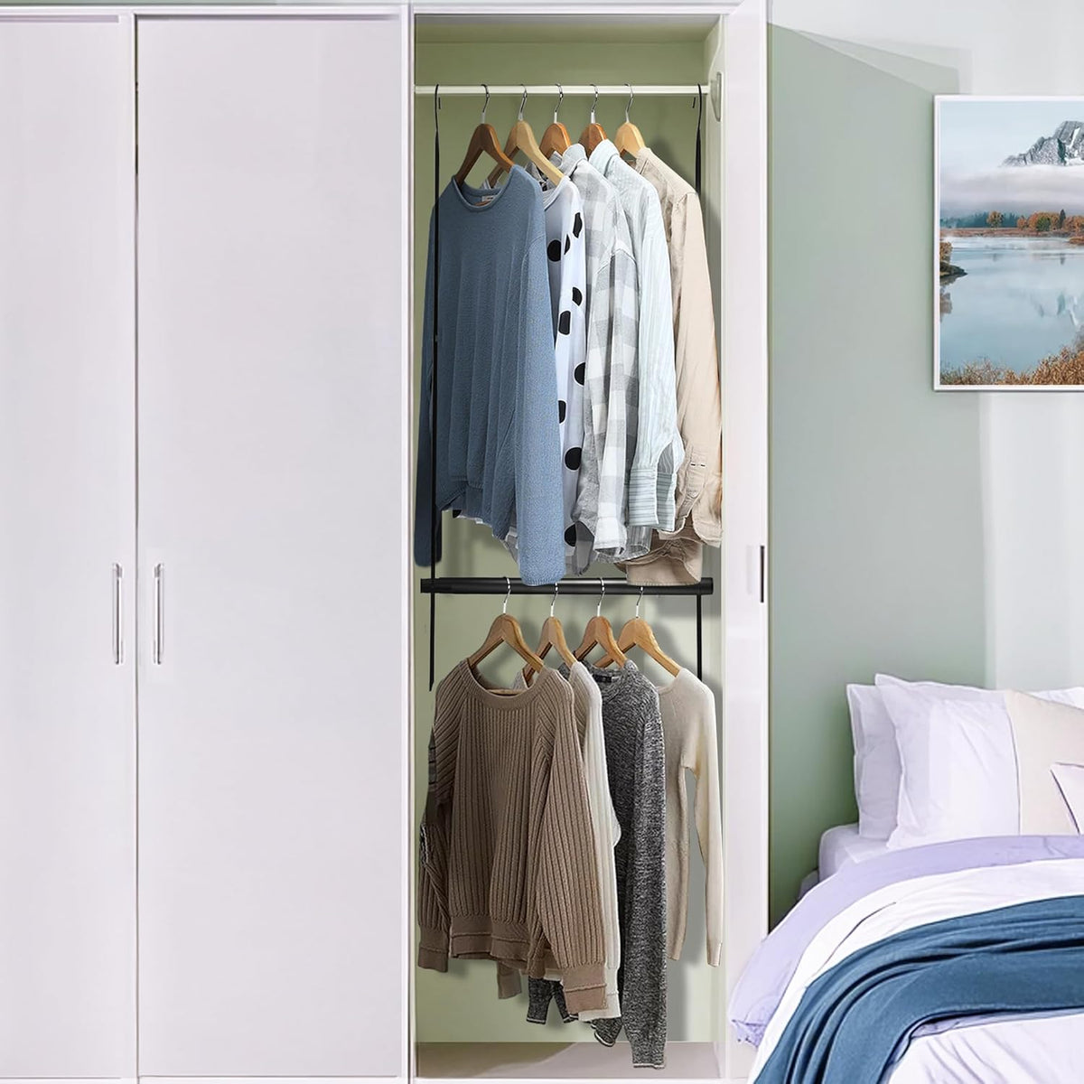 STORAGE MANIAC Hanging Closet Rod, Adjustable Width and Height Closet Hanging Organizer