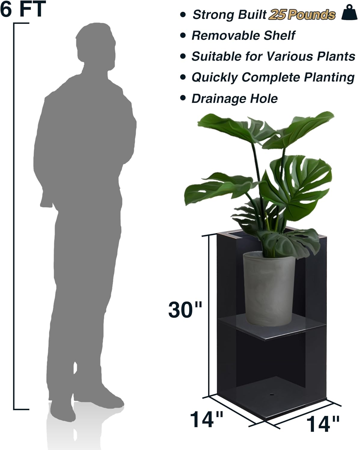 Metallic Heavy Planter for Outdoor Plants, 14Lx14Wx30H Inches, Tall Metal Planter Box with Hand