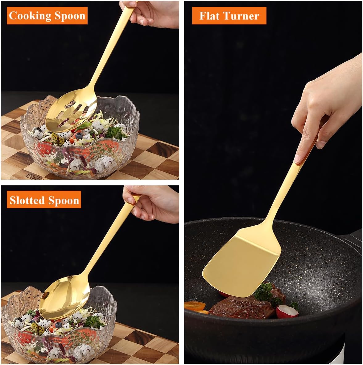 Homquen Gold Kitchen Utensils Set 4pcs, Titanium Gold Plating Stainless Steel Cooking Utensils Set