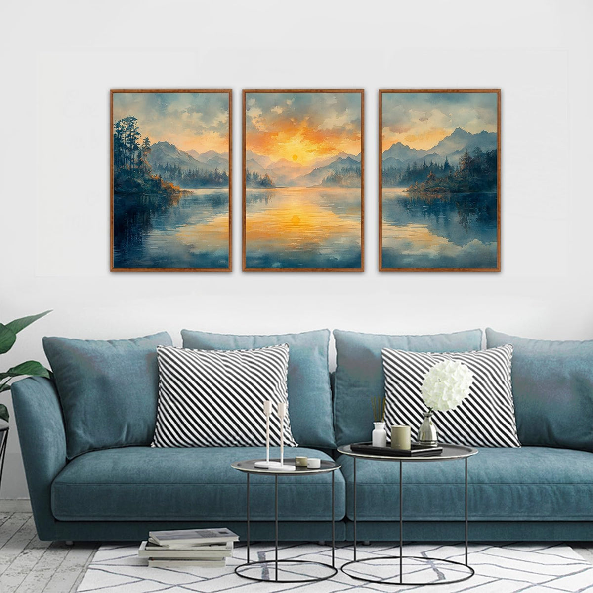 KAlRNE Sunset Mountain Canvas Wall Art,Abstract Scenery Wall Painting,Blue Landscape Lake