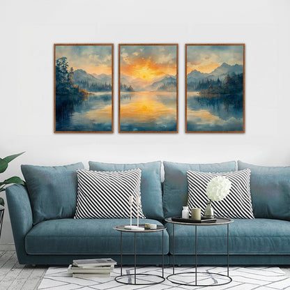 KAlRNE Sunset Mountain Canvas Wall Art,Abstract Scenery Wall Painting,Blue Landscape Lake