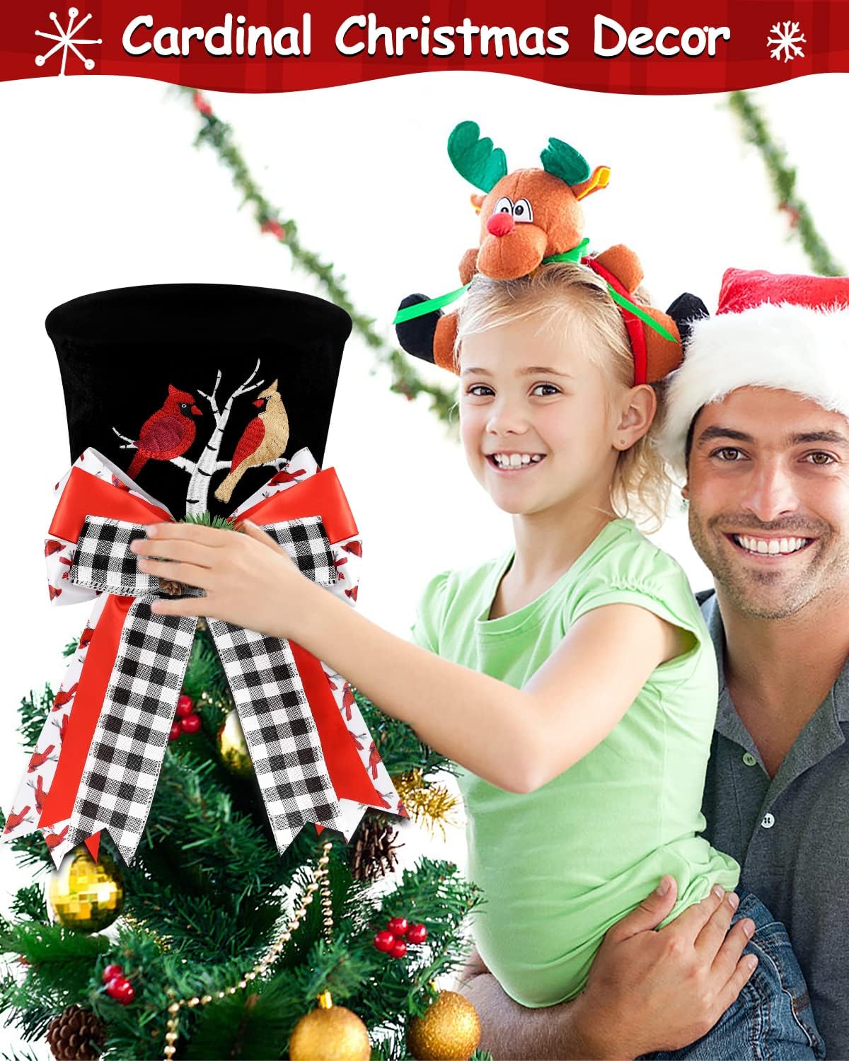 Cardinal Christmas Tree Topper Top Hat with Buffalo Plaid Check Bows Xmas Couple Cardinals on Tree