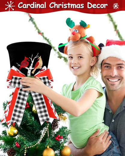 Cardinal Christmas Tree Topper Top Hat with Buffalo Plaid Check Bows Xmas Couple Cardinals on Tree