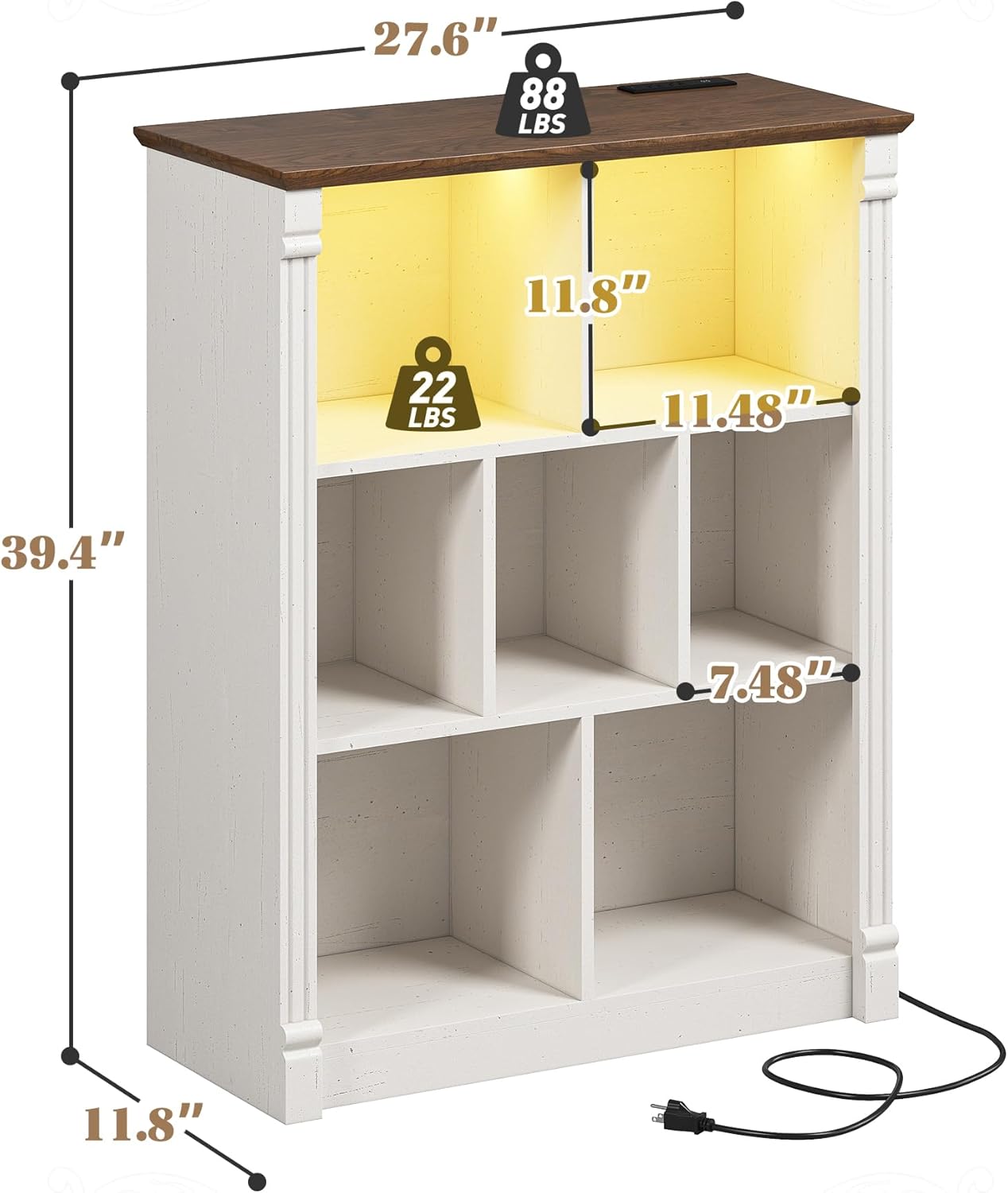 EnHomee 7 Cube Storage Organizer with LED Light and Charging Station Wood Cube Shelf White