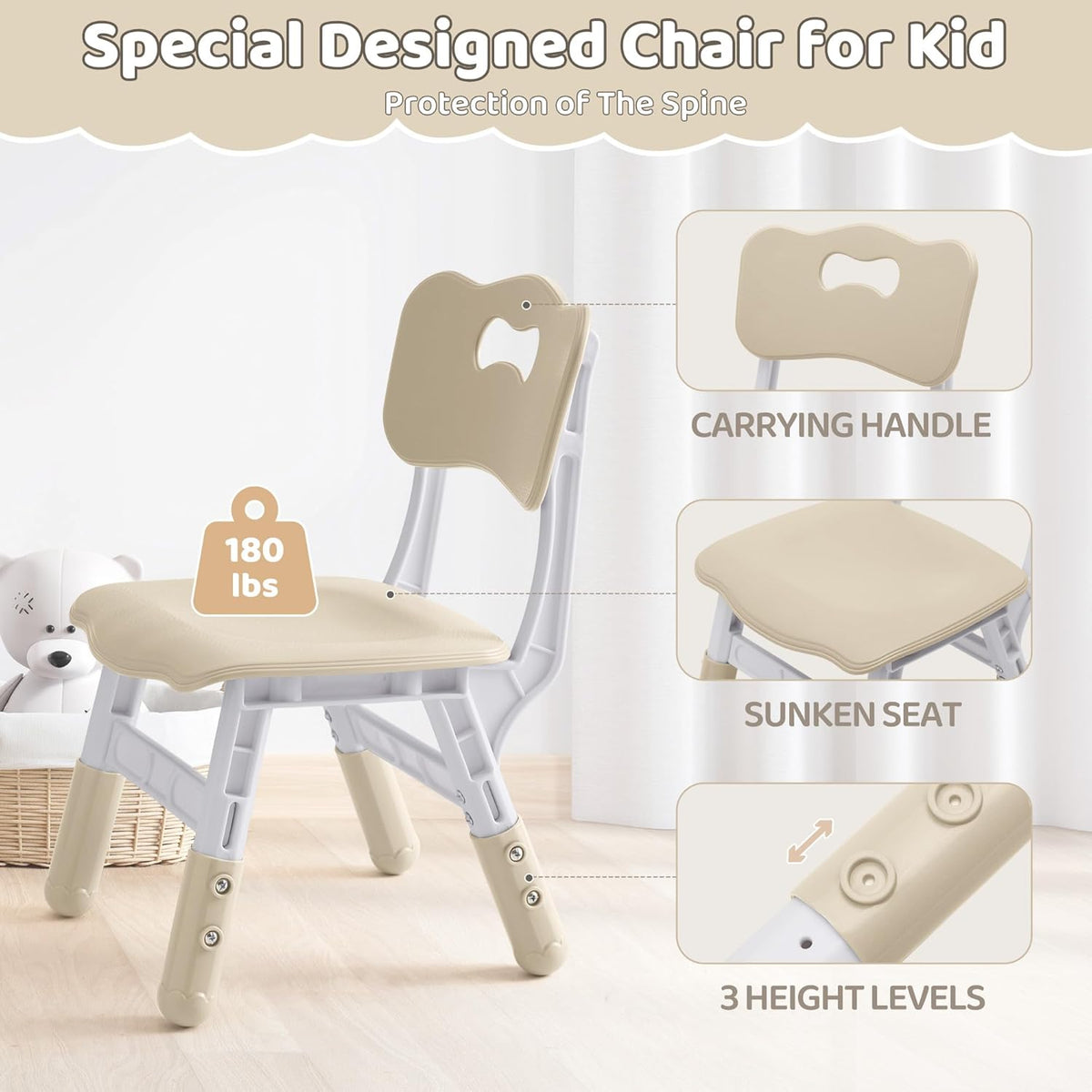 Kids Table and 2 Chairs Set, Height Adjustable (17.7"-26.1") Toddler Table and Chair Set
