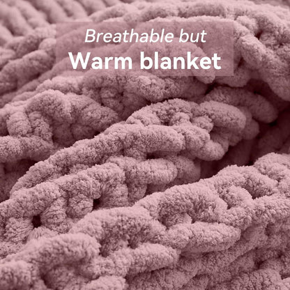 Chunky Knit Throw Blanket, 30''*40'' Knitted Throw Chenille Yarn for Bed Couch, Handmade Muted Pink