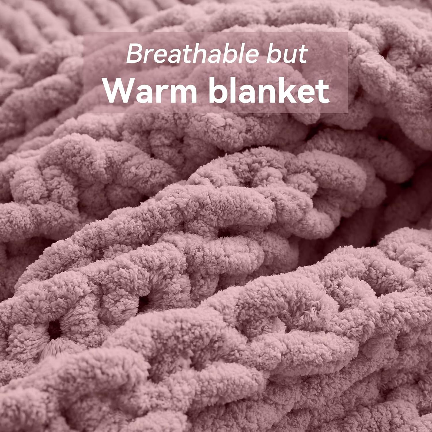 Chunky Knit Throw Blanket, 40''*50'' Knitted Throw Chenille Yarn for Bed Couch, Handmade Muted Pink