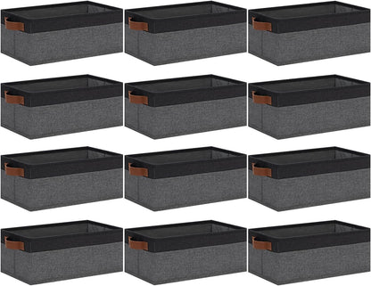 GhvyenntteS Small Fabric Storage Bins 12 Pack, 11.8" x 7.87" x 5.11" Storage Basket with Leather