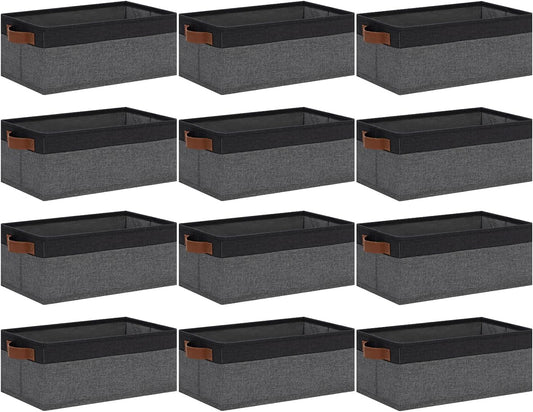 GhvyenntteS Small Fabric Storage Bins 12 Pack, 11.8" x 7.87" x 5.11" Storage Basket with Leather