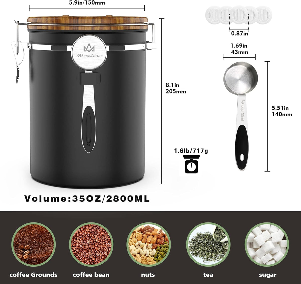 35OZ Coffee Canister for ground coffee with Date Tracker,Wood grain lid 304 Stainless Steel Kitchen