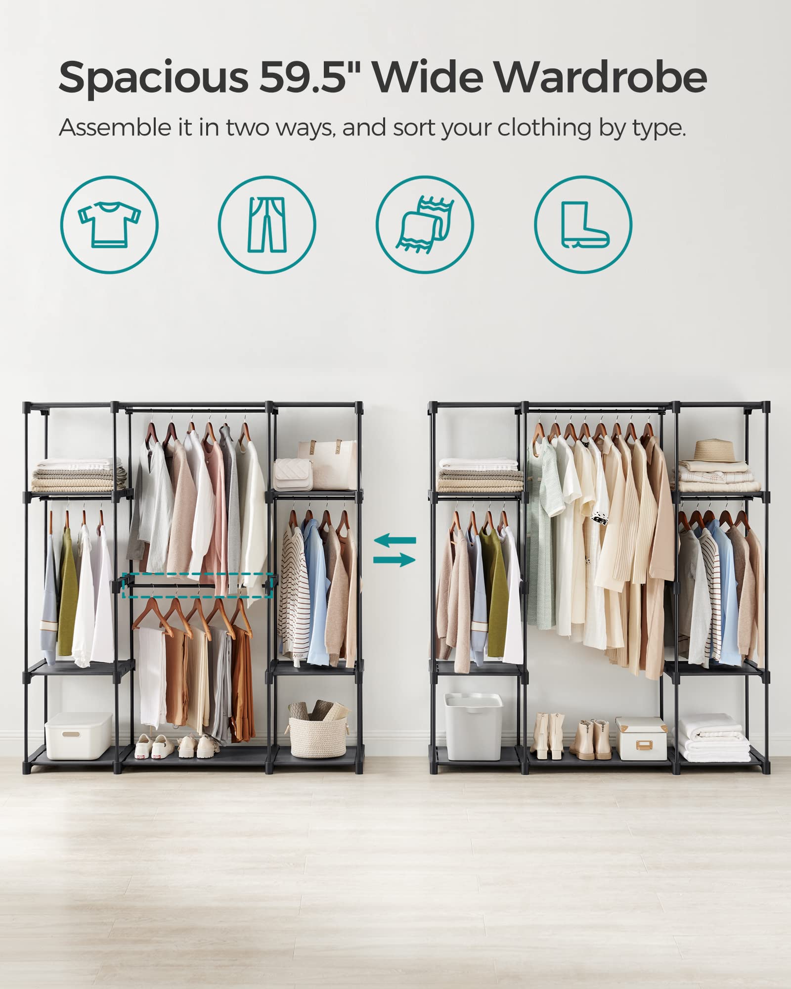 SONGMICS Portable Closet, Freestanding Closet Organizer, Clothes Rack with Shelves, Hanging Rods