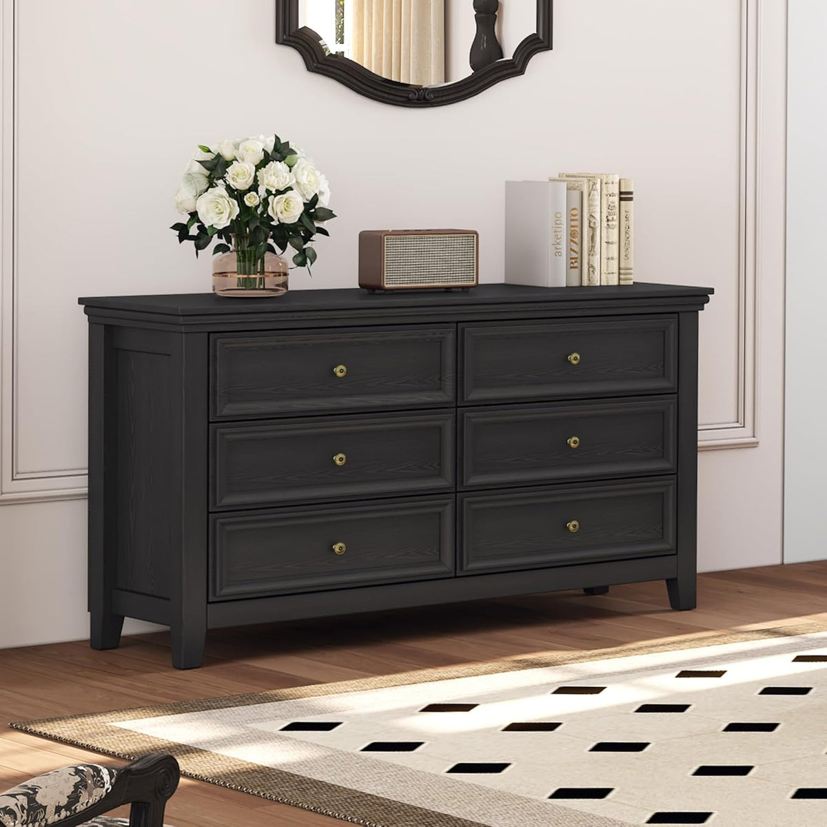 BLANKSPACE Black 6 Drawer Dresser, Modern Dresser for Bedroom, Wood Drawer Organizer with Metal