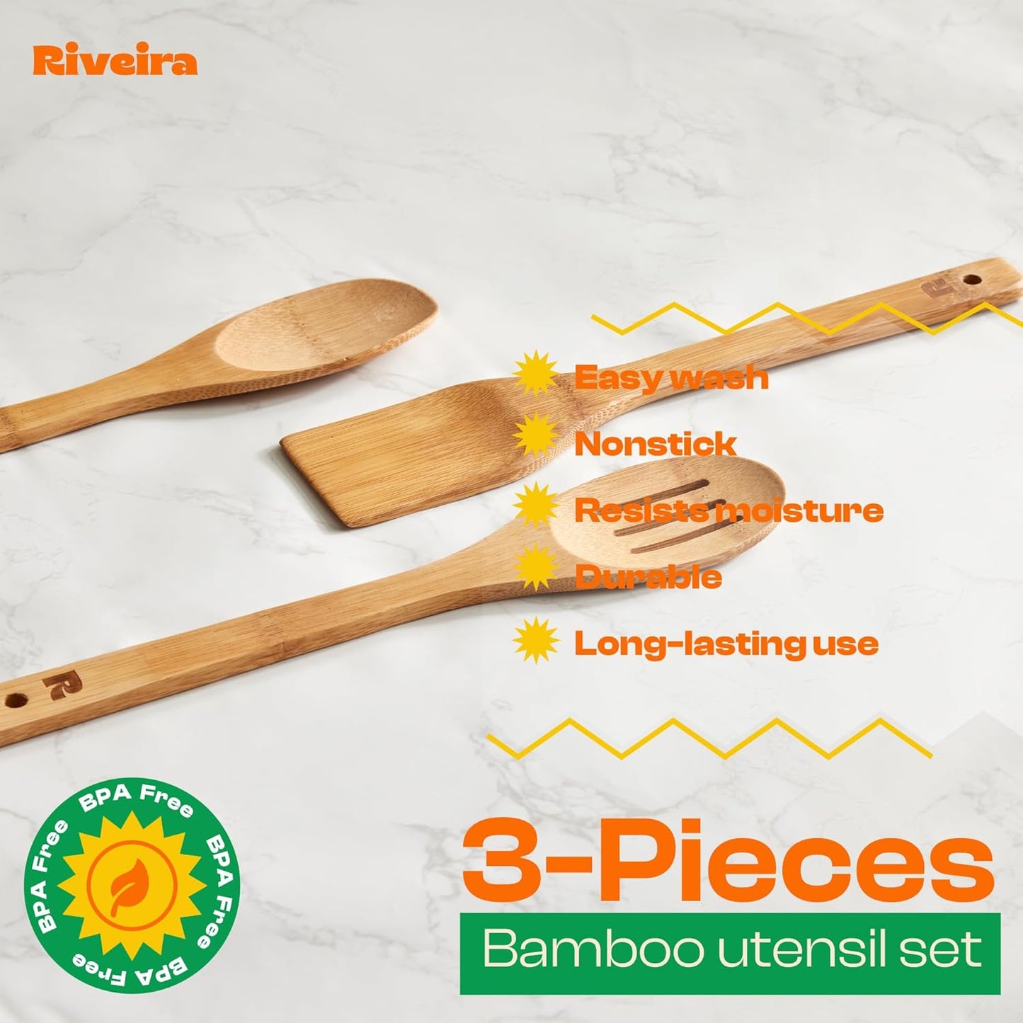 Riveira Dark Bamboo Wooden Spoons for Cooking 3-Piece, Apartment Essentials Wood Spatula Spoon