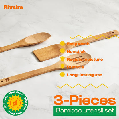 Riveira Dark Bamboo Wooden Spoons for Cooking 3-Piece, Apartment Essentials Wood Spatula Spoon