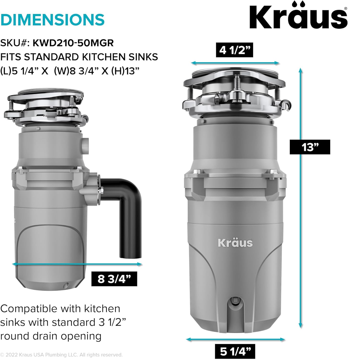 KRAUS® WasteGuard™ High-Speed 1/2 HP Continuous Feed Ultra-Quiet Motor Garbage Disposal with Power