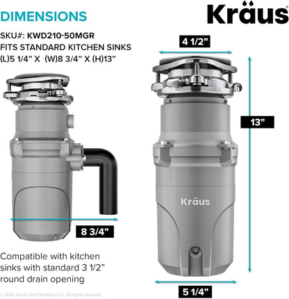 KRAUS® WasteGuard™ High-Speed 1/2 HP Continuous Feed Ultra-Quiet Motor Garbage Disposal with Power