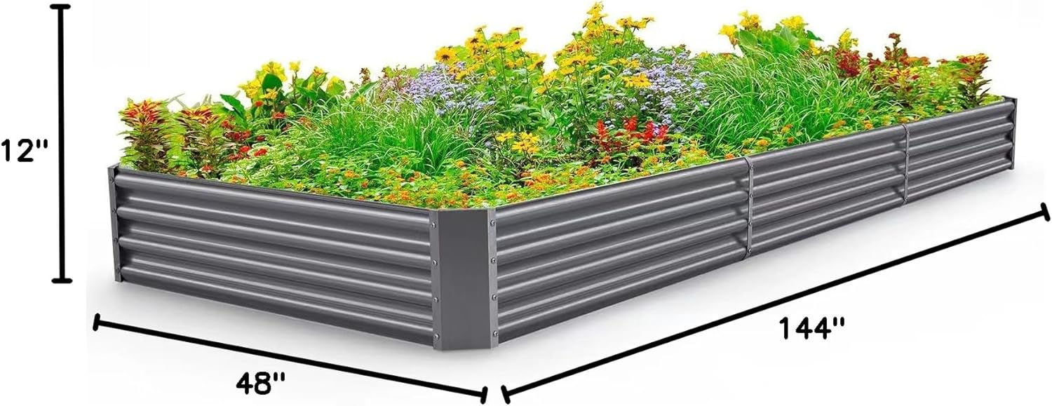 Land Guard 12×4×1ft Galvanized Raised Garden Bed Kit for Vegetables, Galvanized Super Large Metal