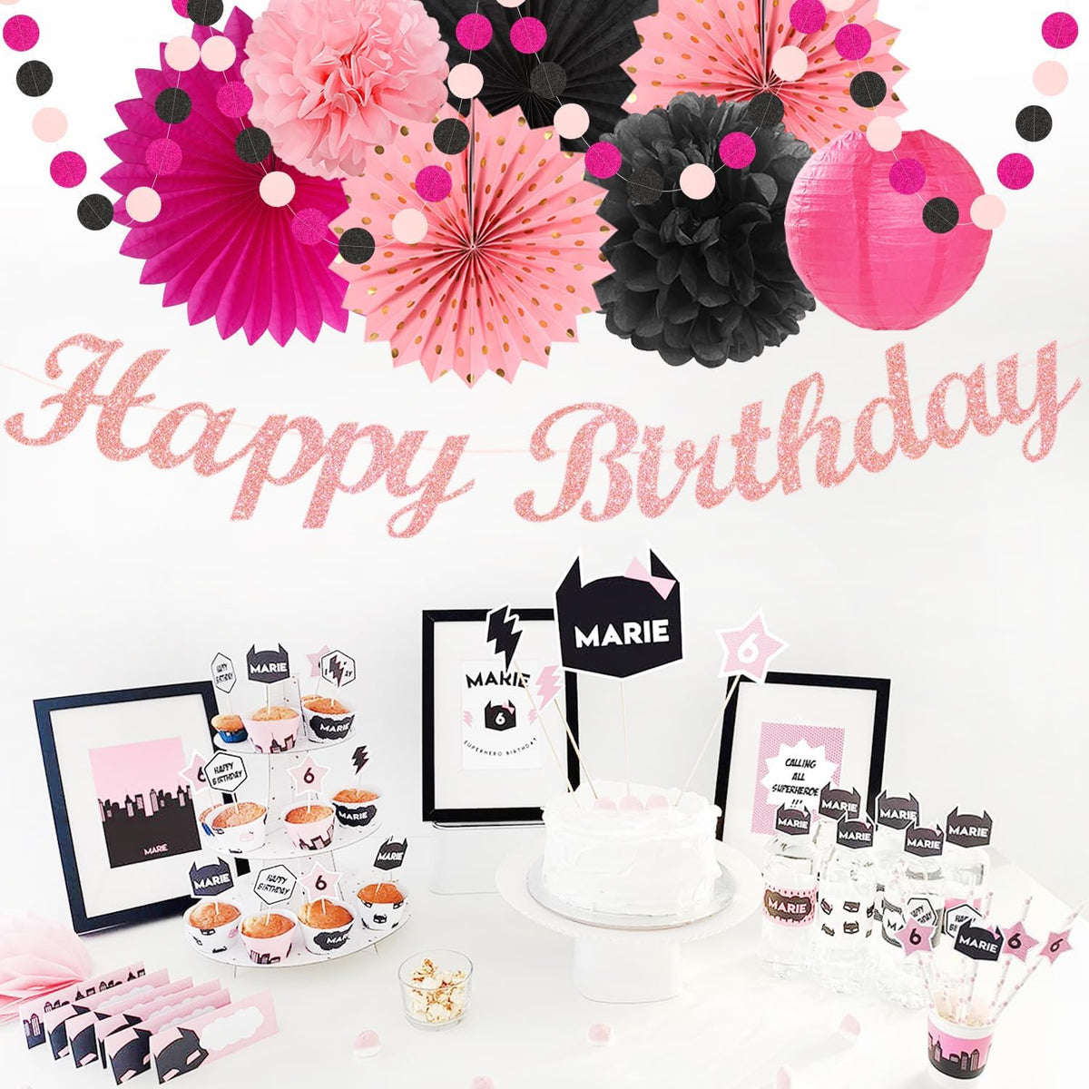 Hot-Pink Black Girls-Women Birthday Party-Decorations - 21pcs Baby Happy Banner, Paper Streamers