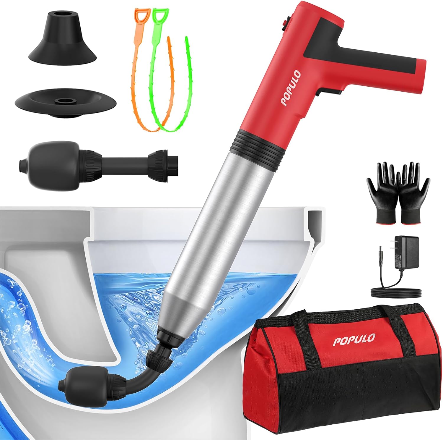 POPULO Electric Toilet Plunger Swift High Pressure Drain Unclogger Plungers for Bathroom, Floors