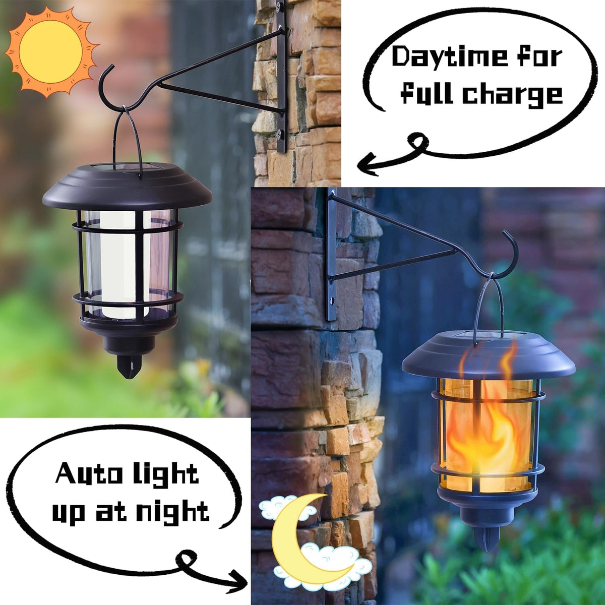 Dynaming 4 Pack Solar Flame Wall Lanterns Outdoor, Solar Powered Wall Mounted Sconce Lights