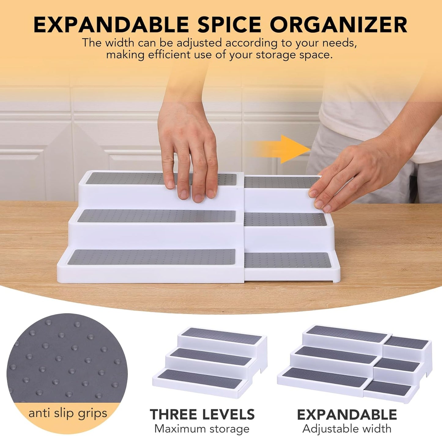 3-Tier Expandable Spice Rack, Plastic Spice Rack Organizer for Cabinet, Adjustable Length, Non-Skid