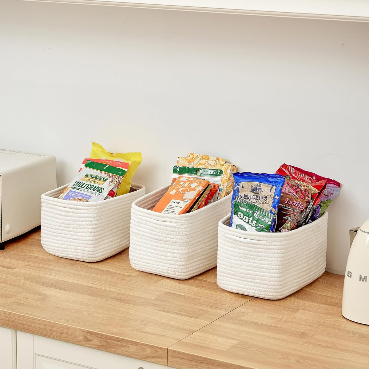 Small Cotton Rope Storage Basket Set of 3-11"x7"x7" Perfect Woven Baskets for Storage, Ideal
