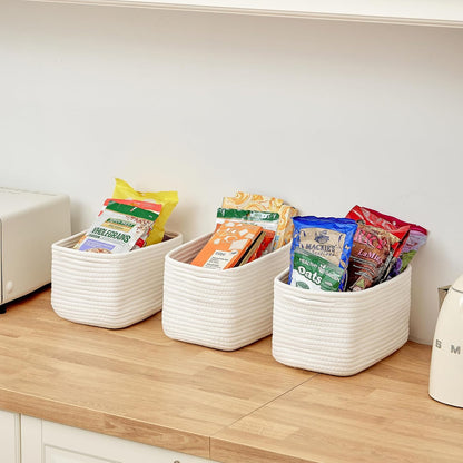 Small Cotton Rope Storage Basket Set of 3-11"x7"x7" Perfect Woven Baskets for Storage, Ideal