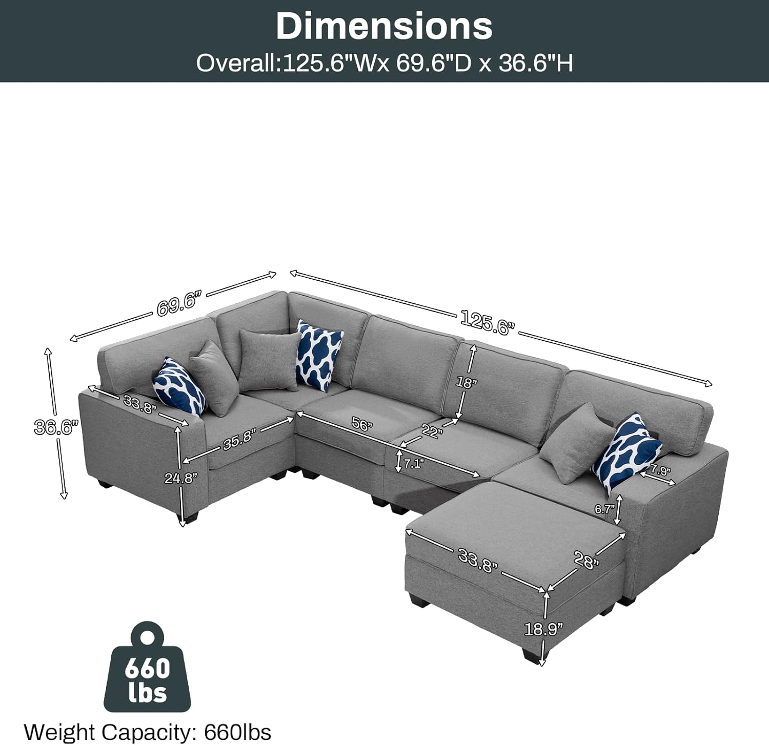 L Lengend Vansen Modular Sectional Sofa U Shaped Couch with Ottoman Modern Reversible Corner