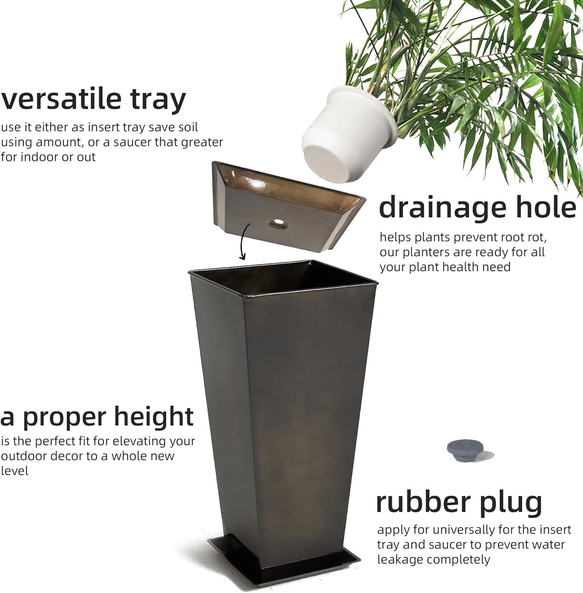 KOL 25''H. Bright Glazed Planter with Drainage Hole, Set of 2, Tall Galvanized Steel Planter Pots