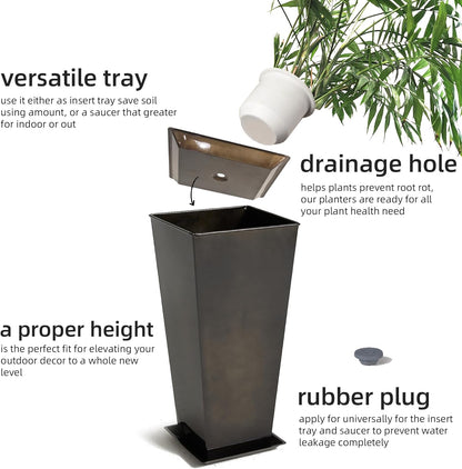 KOL 25''H. Bright Glazed Planter with Drainage Hole, Set of 2, Tall Galvanized Steel Planter Pots