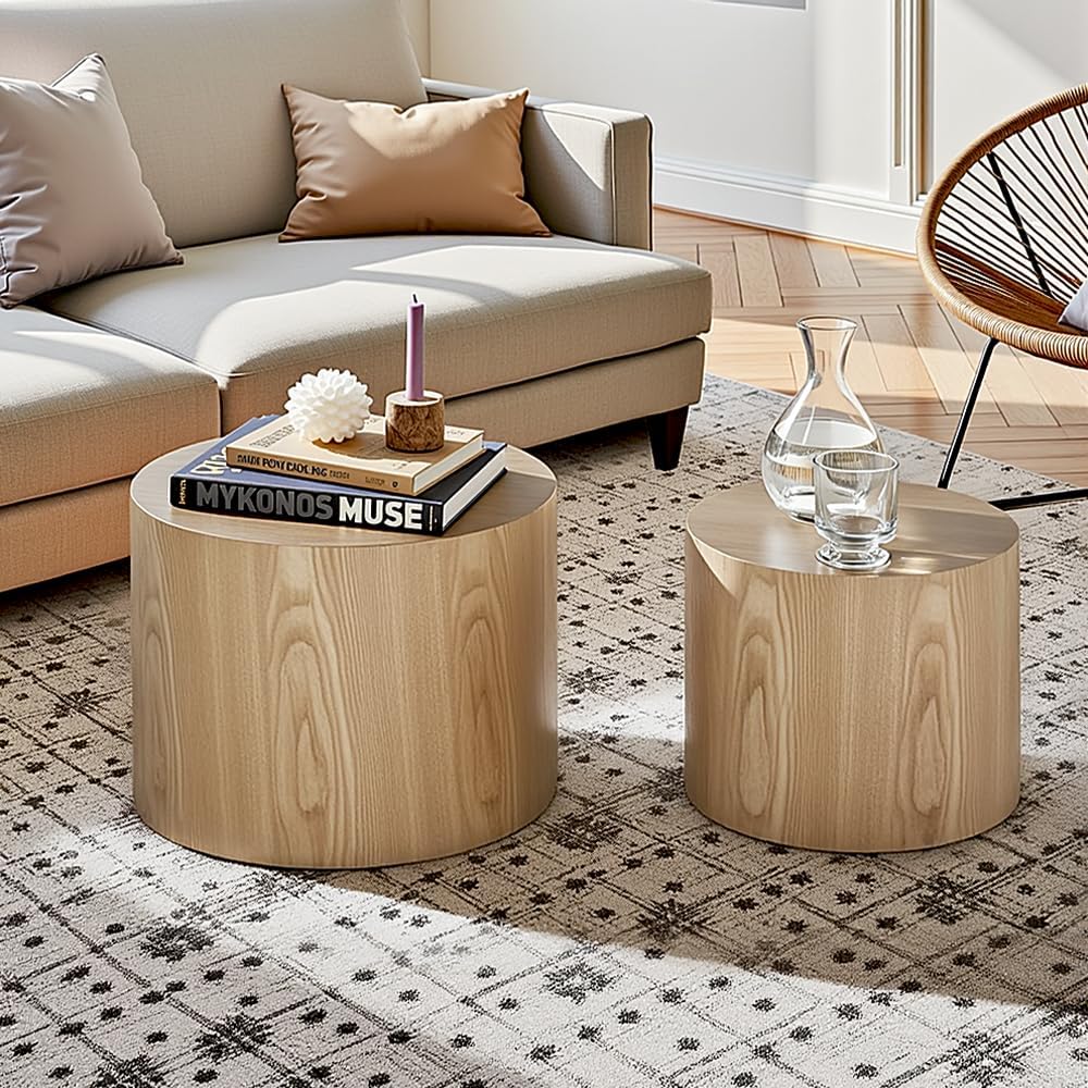 Nesting Coffee Table Set of 2, Modern Round Coffee Table with Non-Slip Feet, Oak Wooden Circle