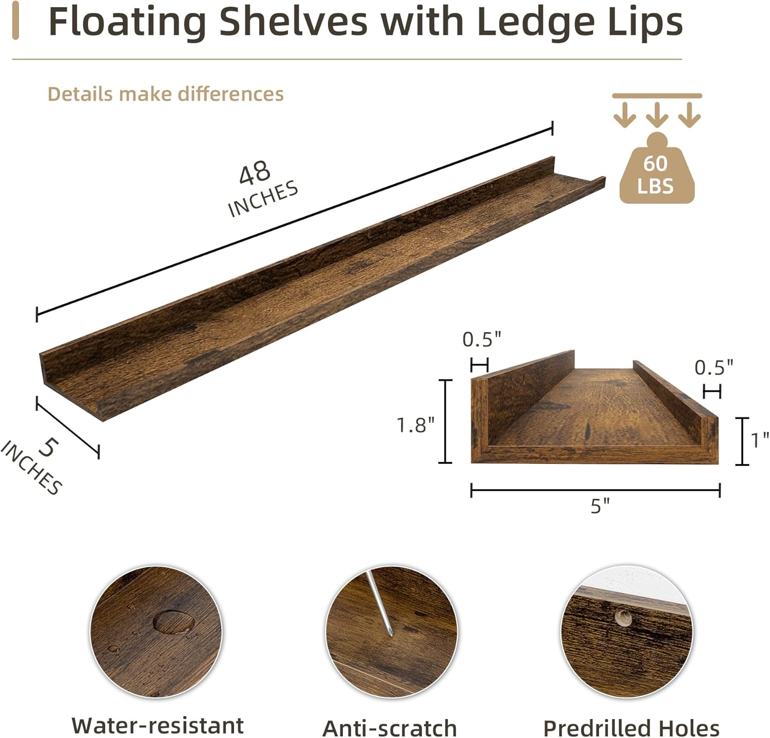 Picture Ledge Shelf, Wood Long Floating Shelves for Wall, Set of 2, 48 inch Picture Ledge Shelves