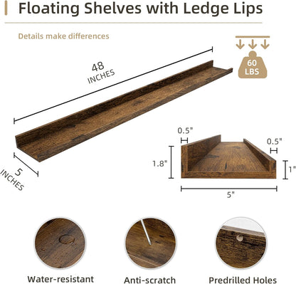 Picture Ledge Shelf, Wood Long Floating Shelves for Wall, Set of 2, 48 inch Picture Ledge Shelves