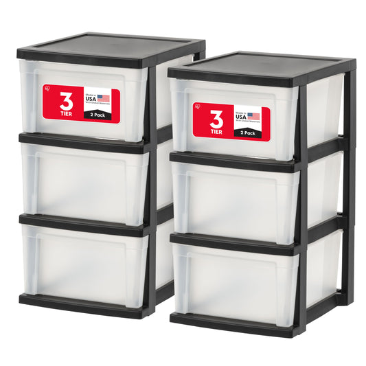 IRIS USA 3-Drawer Slim Narrow Storage Organizer, 2-Pack, Black/Clear