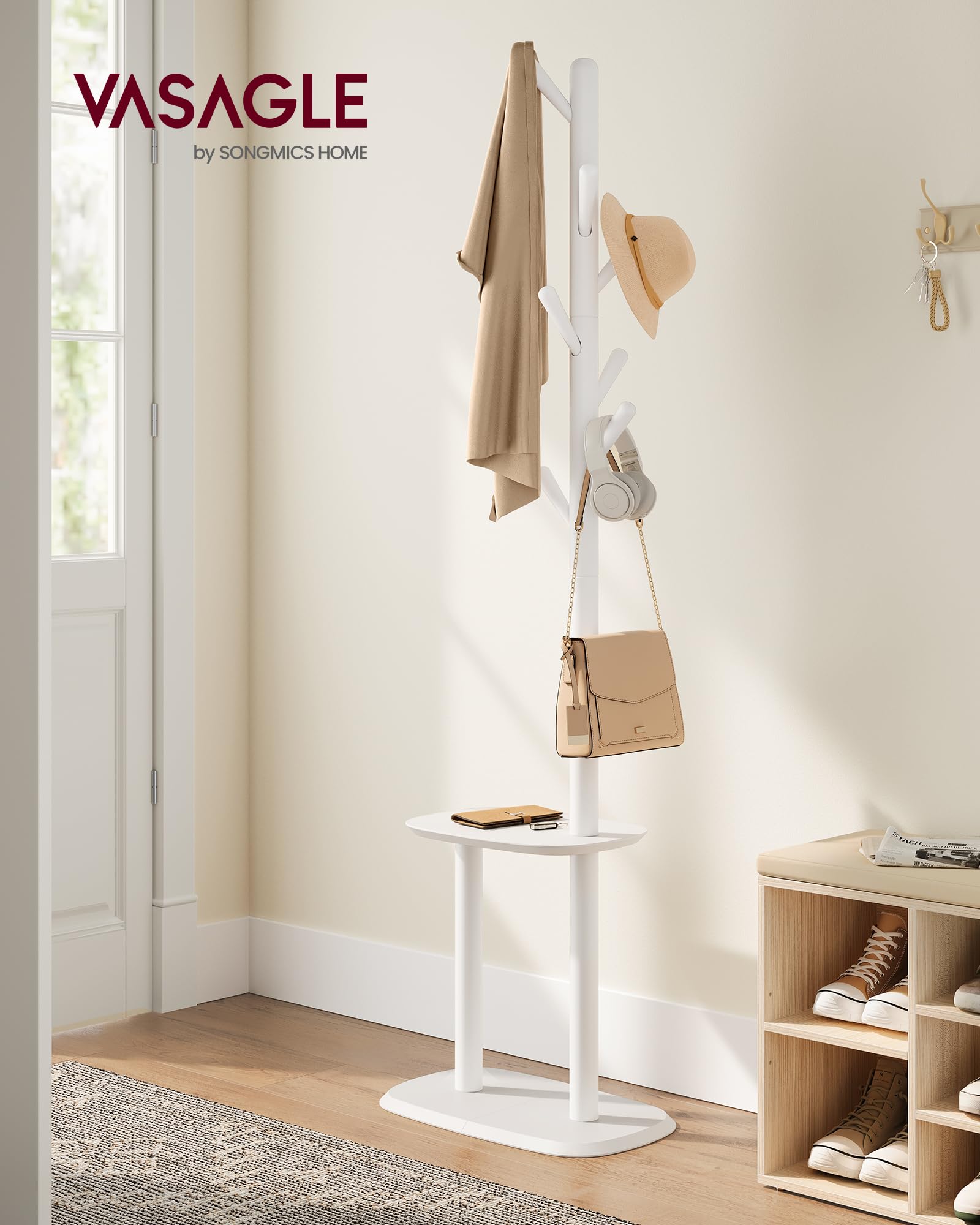 VASAGLE Coat Rack, Free Standing Coat Stand, Hall Coat Tree with 8 Hooks and Storage Shelf, 67.2