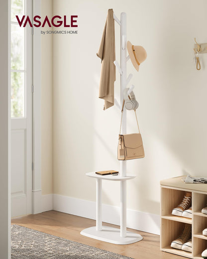 VASAGLE Coat Rack, Free Standing Coat Stand, Hall Coat Tree with 8 Hooks and Storage Shelf, 67.2
