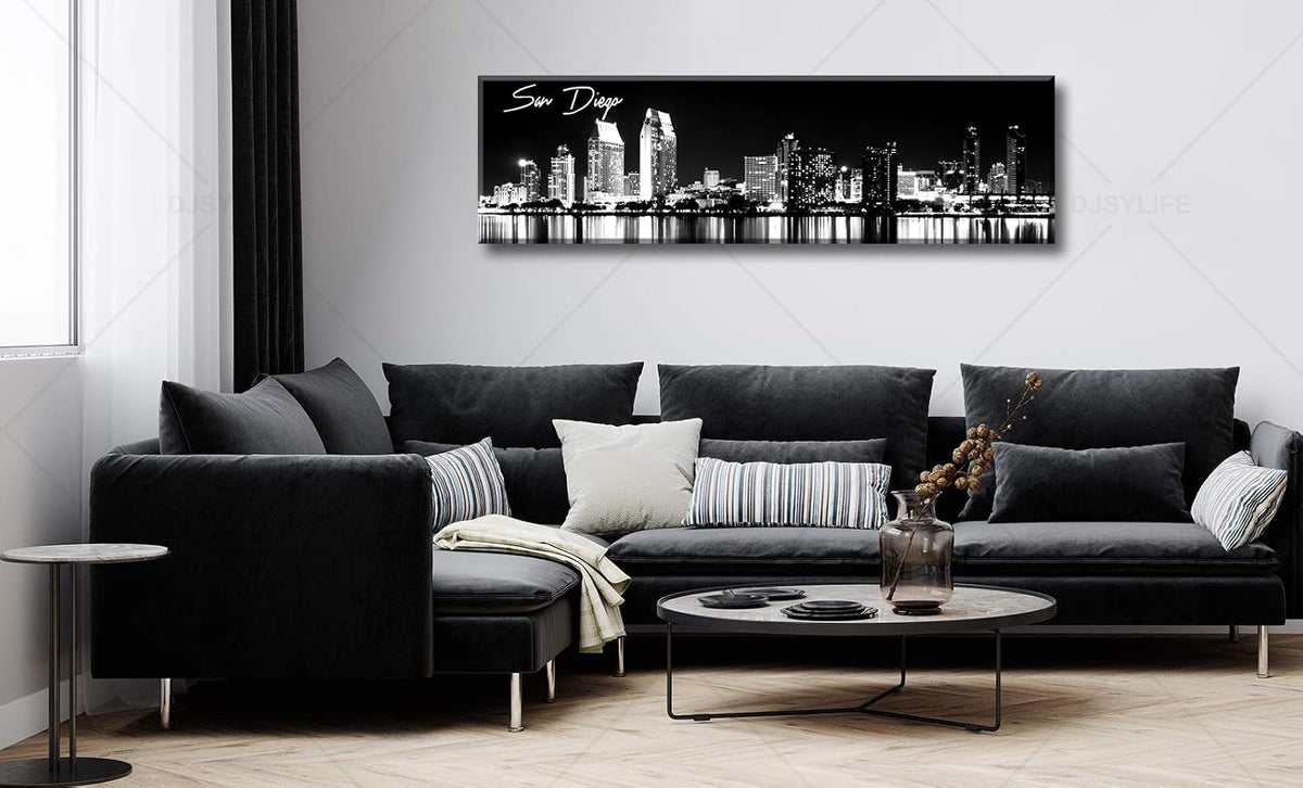 DJSYLIFE San Diego Skyline Wall Art Black and White Night View USA Cityscape California Pictures