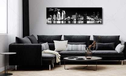 DJSYLIFE San Diego Skyline Wall Art Black and White Night View USA Cityscape California Pictures