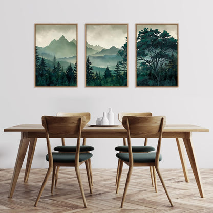 HLNIUC Green Foggy Forest Framed Canvas Wall Art Set,Watercolor Boho Pine Tree Wall Decor,Modern