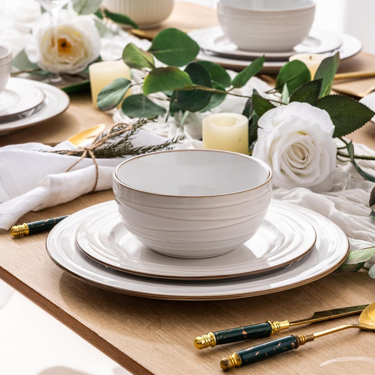 GBHOME Ceramic Dinnerware Sets, 24 pcs Embossed Elegant Stoneware Plates and Bowls Sets
