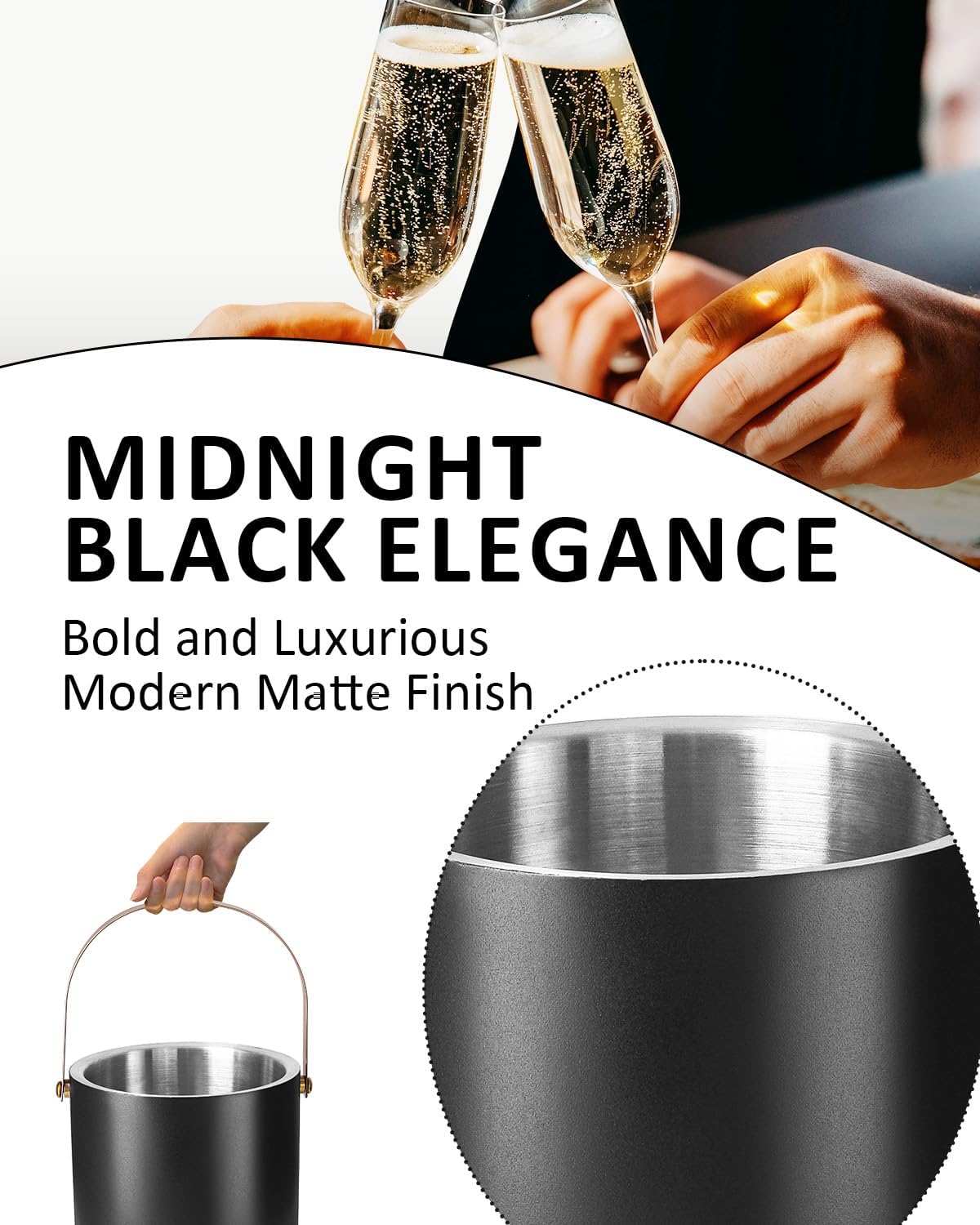 3L Ice Bucket with Silicone Lid, Scoop, Gold Tongs & Strainer, Stainless Steel Double Wall