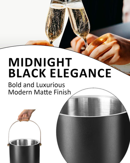 3L Ice Bucket with Silicone Lid, Scoop, Gold Tongs & Strainer, Stainless Steel Double Wall