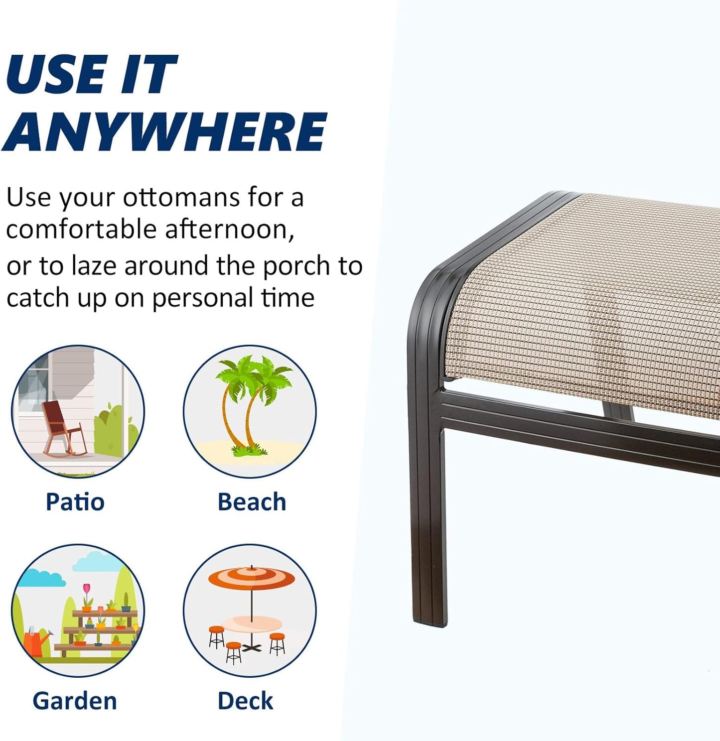 Outdoor Patio Ottoman Seat Textilene Portable Metal Footstool Portable Footrest Patio Chairs 2 Set