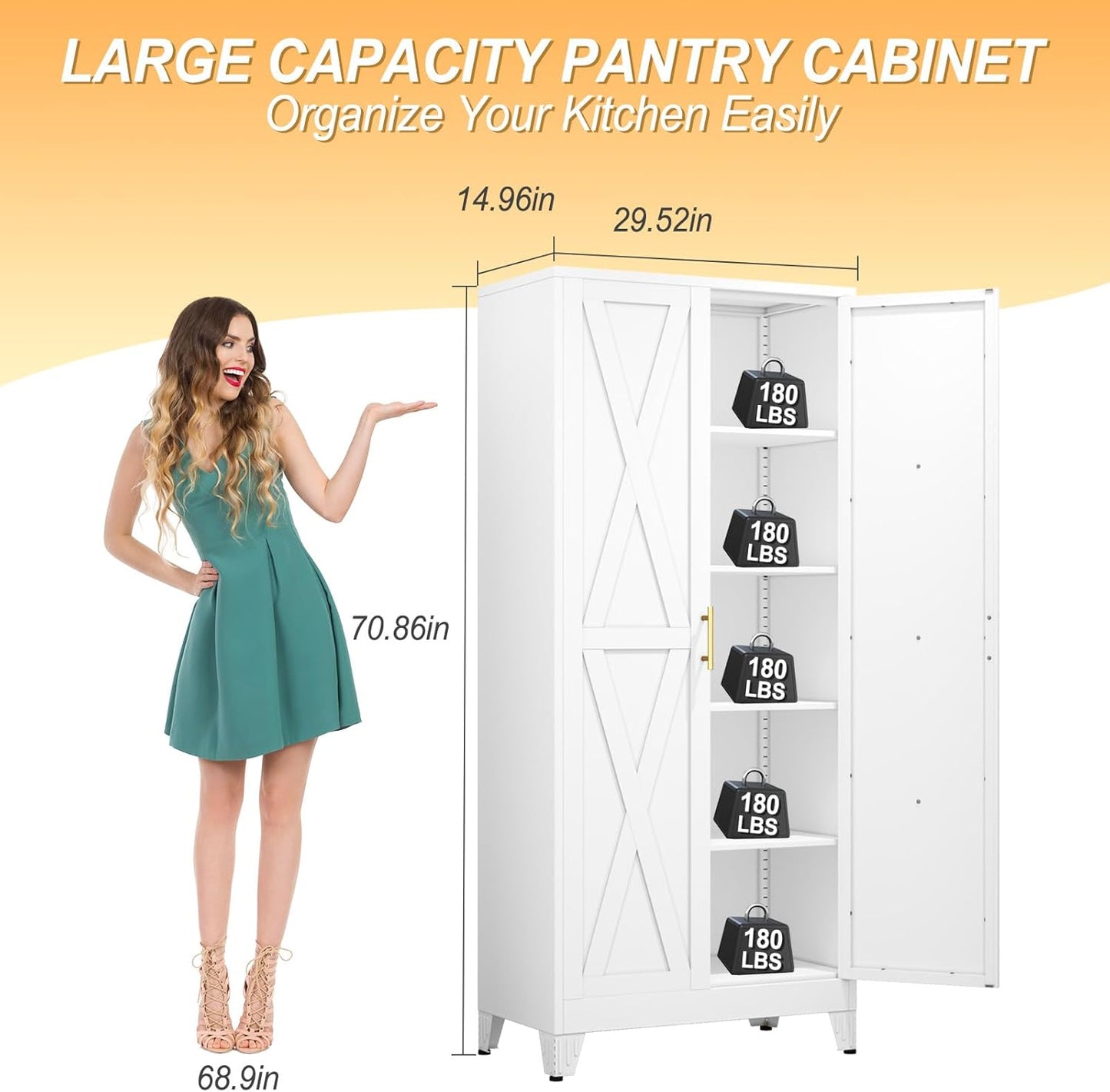 71" H Metal Kitchen Pantry Storage Cabinet, Freestanding Cupboard with 2 Doors and 4 Adjustable