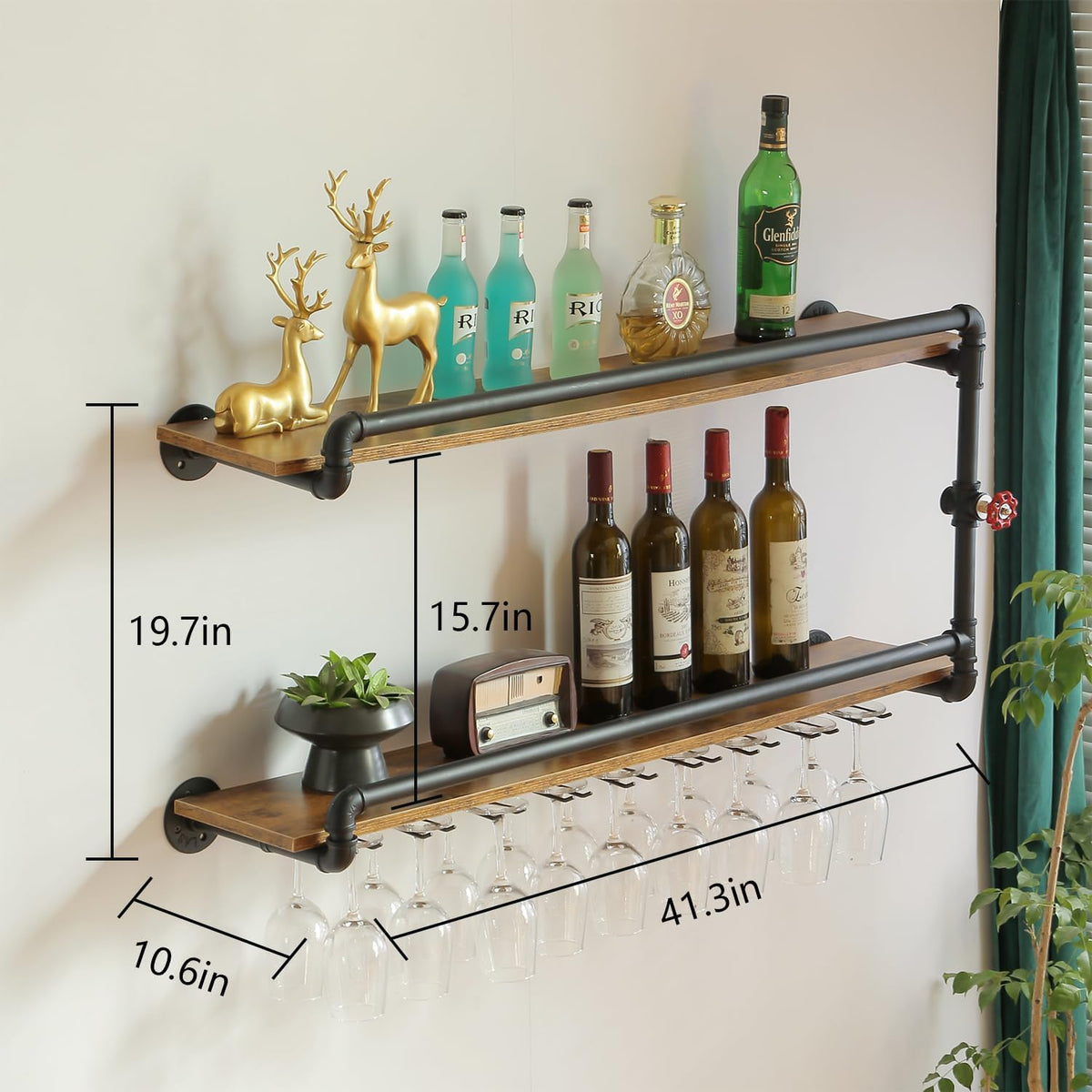 41 Inch Wine Rack Wall Mounted 2 Tier, Hanging Floating Bar Liquor Shelves with Glass Holder
