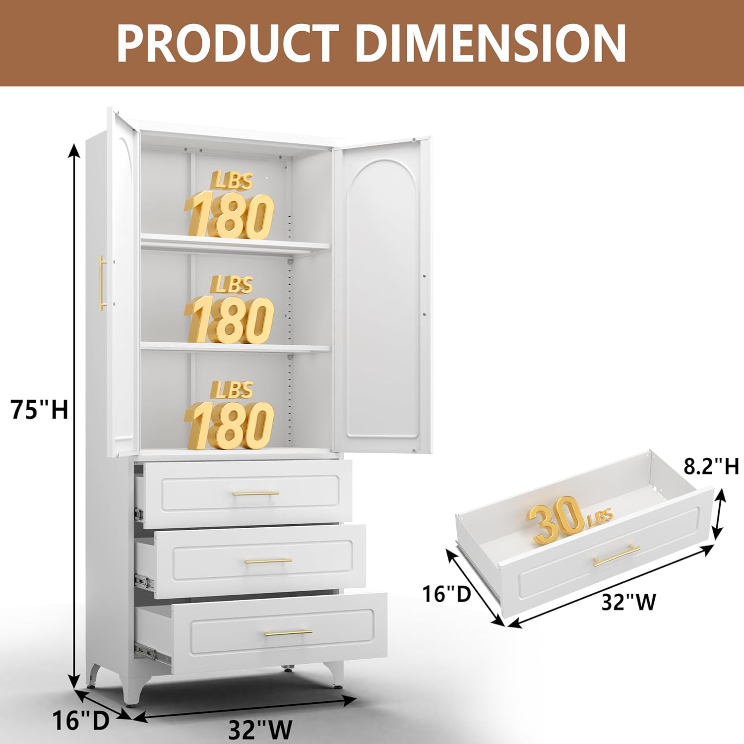Kitchen Pantry Cabinet, 75" Tall Pantry Cabinet with Three Drawers, Freestanding Food Cupboard with