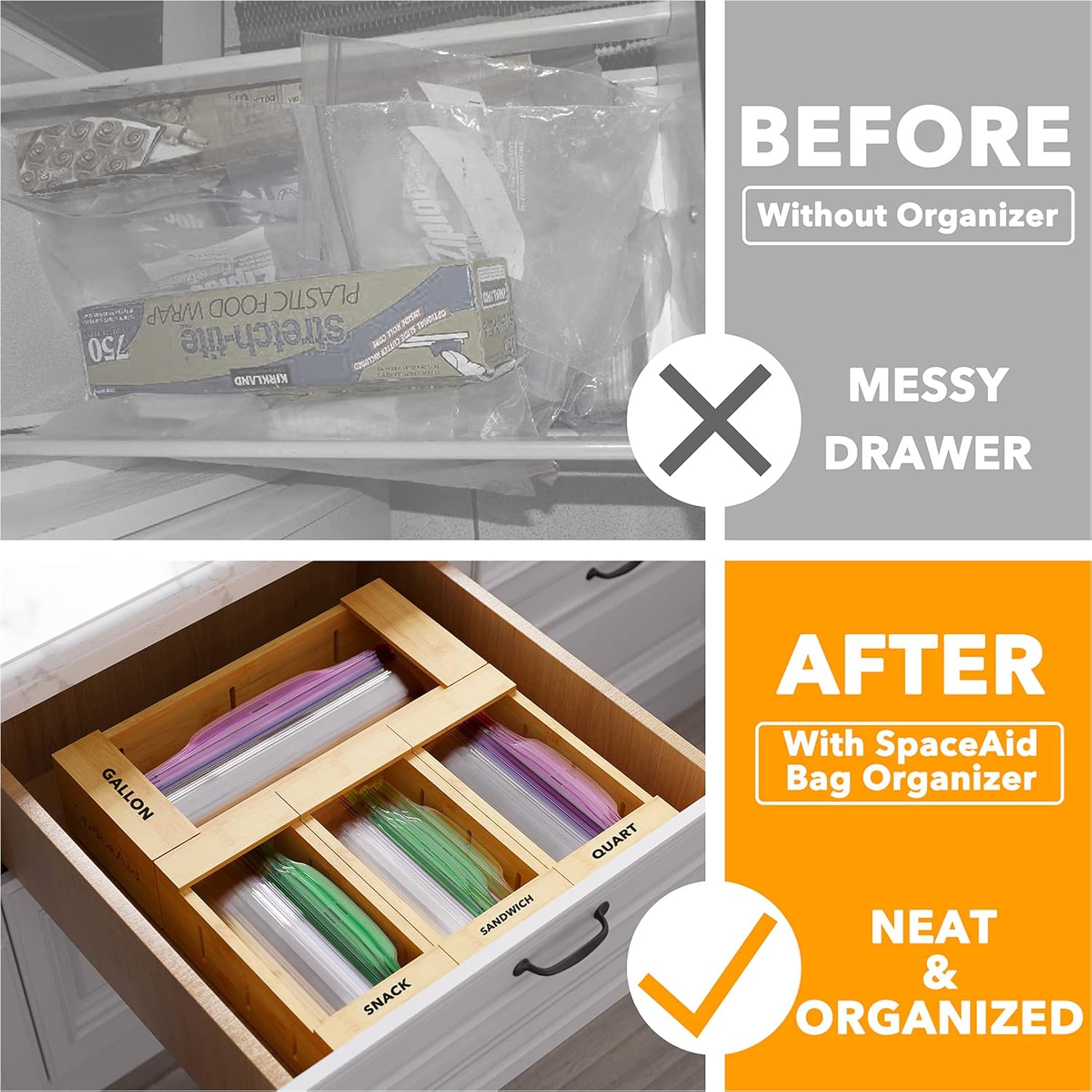 SpaceAid Bag Storage Organizer for Kitchen Drawer, Bamboo Organizer, Compatible with Gallon, Quart