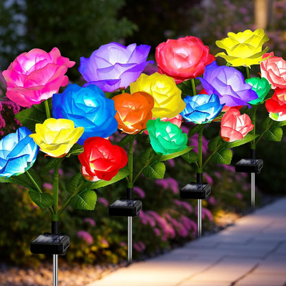 Solar Garden Decor Outdoor Lights, 4 Pack Waterproof Garden Lights for Outside, 16 Solar Rose