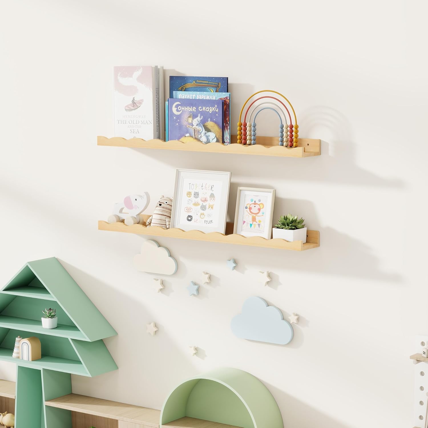 Fun Memories Picture Ledge Shelf for Wall, 36 inch Pine Wood Nursery Book Shelves Set of 2- Wall